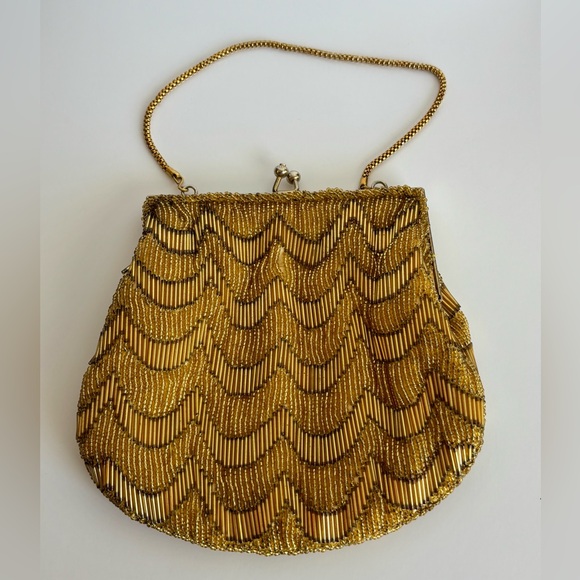 Vintage Walborg Gold Beaded Evening Bag 1950s Scallop Clutch Art Deco - Picture 2 of 6